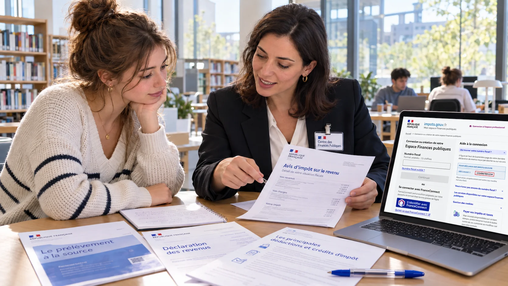 Étudiante française d''une vingtaine d''années qui consulte un conseiller du Centre des Finances Publiques dans une bibliothèque universitaire moderne avec un ordinateur affichant impots.gouv.fr