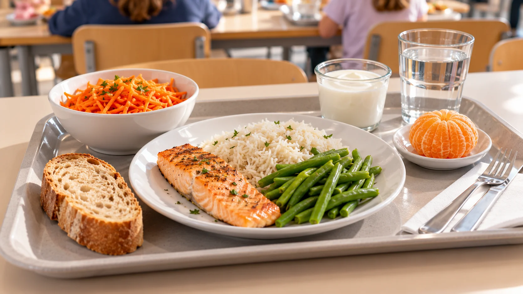 Plateau repas equilibre cantine scolaire : saumon grille, haricots verts, quinoa, yaourt et clementine
