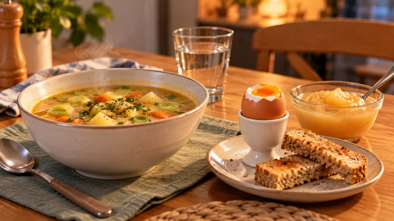 Diner leger ecolier : soupe de legumes maison, oeuf a la coque avec mouillettes de pain complet