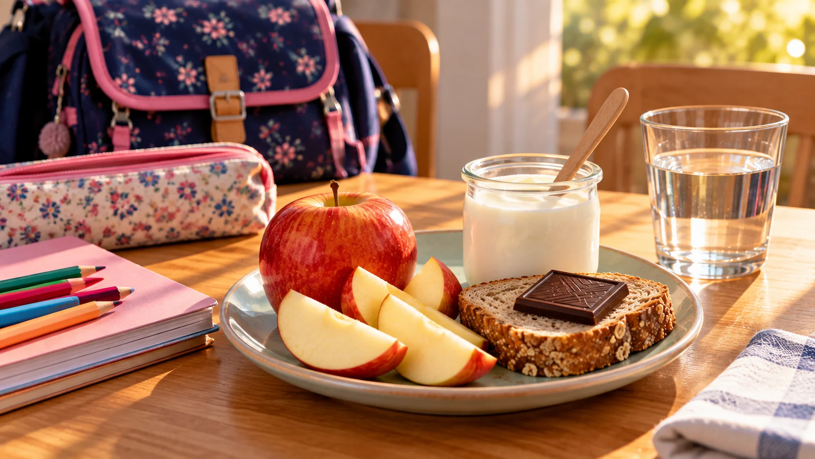 Gouter sain apres ecole : pomme fraiche, pain complet, yaourt nature et verre d eau
