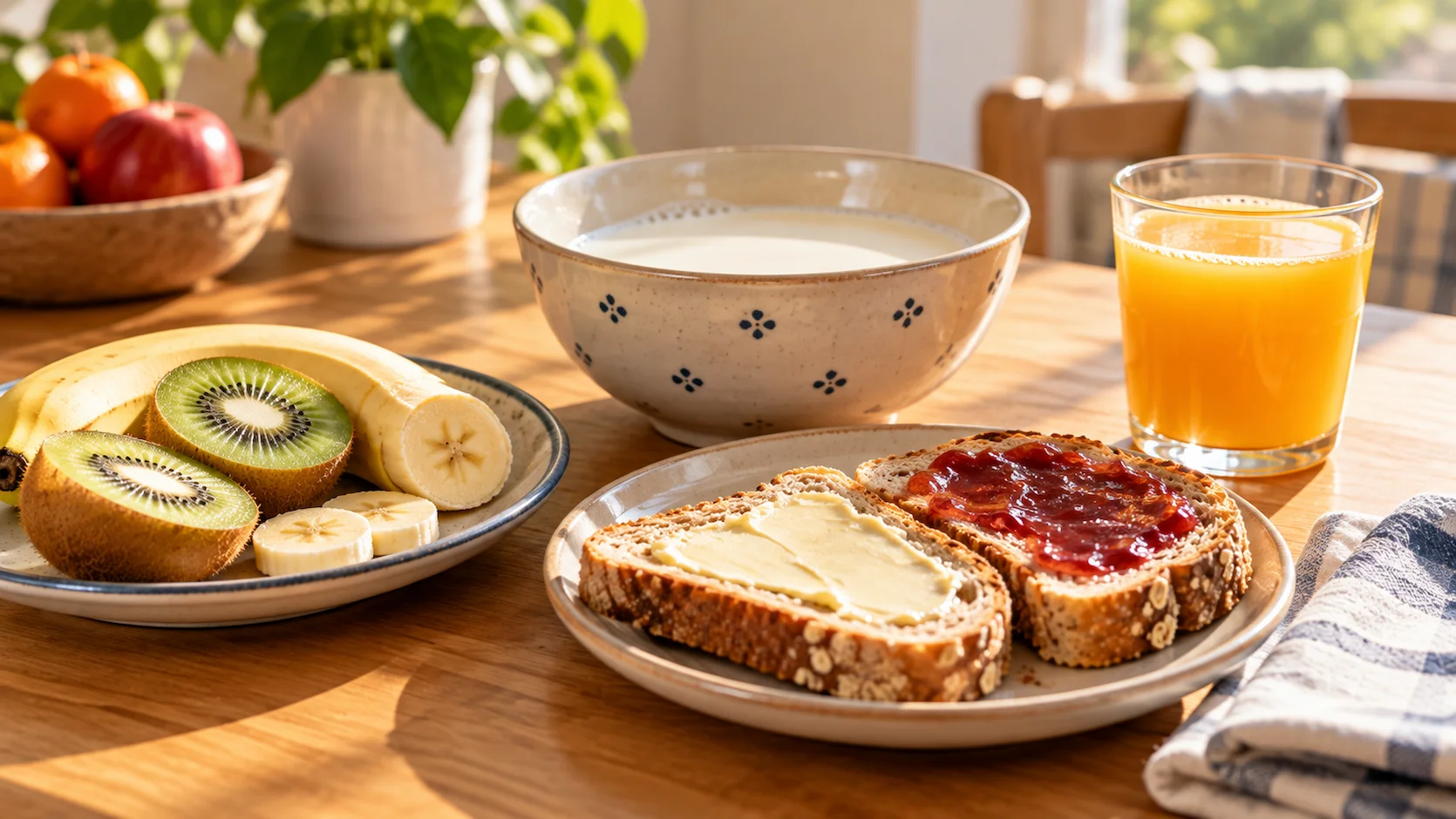 Petit-dejeuner equilibre ecolier : bol de lait, pain complet, jus orange et fruit