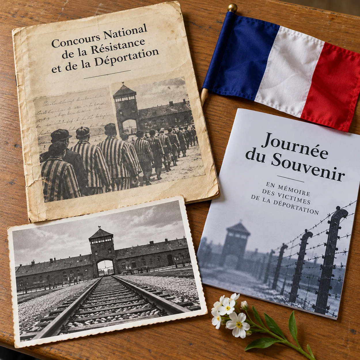 Documents pédagogiques du Concours National de la Résistance et de la Déportation sur un bureau scolaire avec drapeau tricolore et brochure Journée du Souvenir