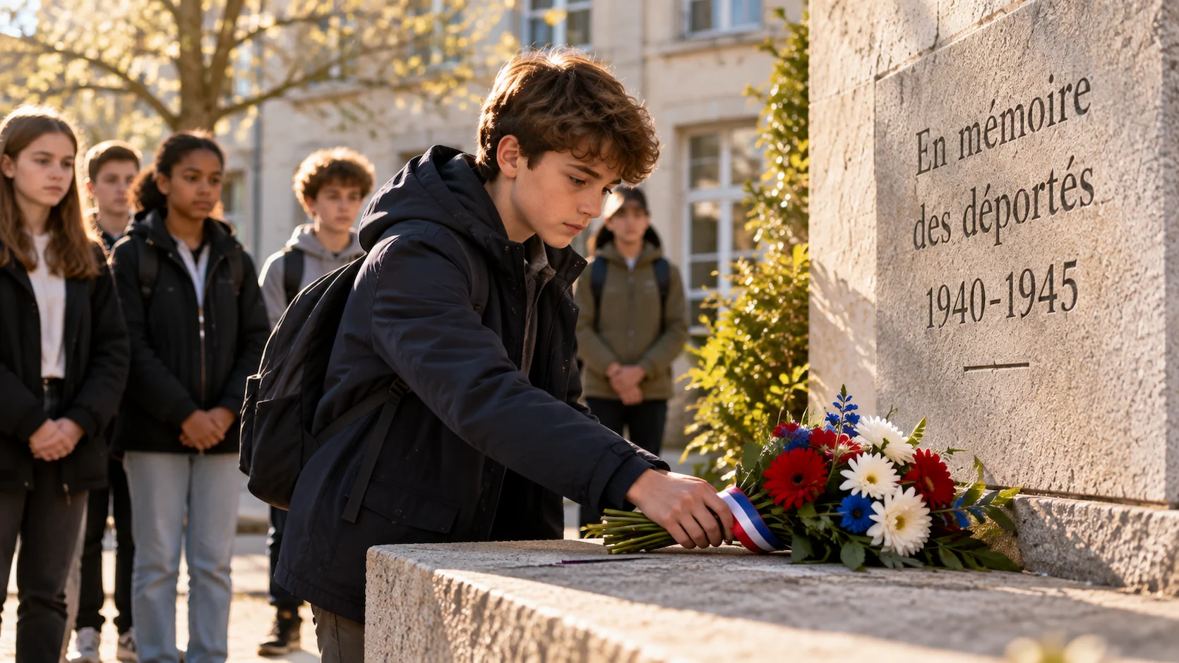 Élève de collège dépose des fleurs devant une plaque mémorielle aux déportés dans la cour d'école entouré de camarades silencieux