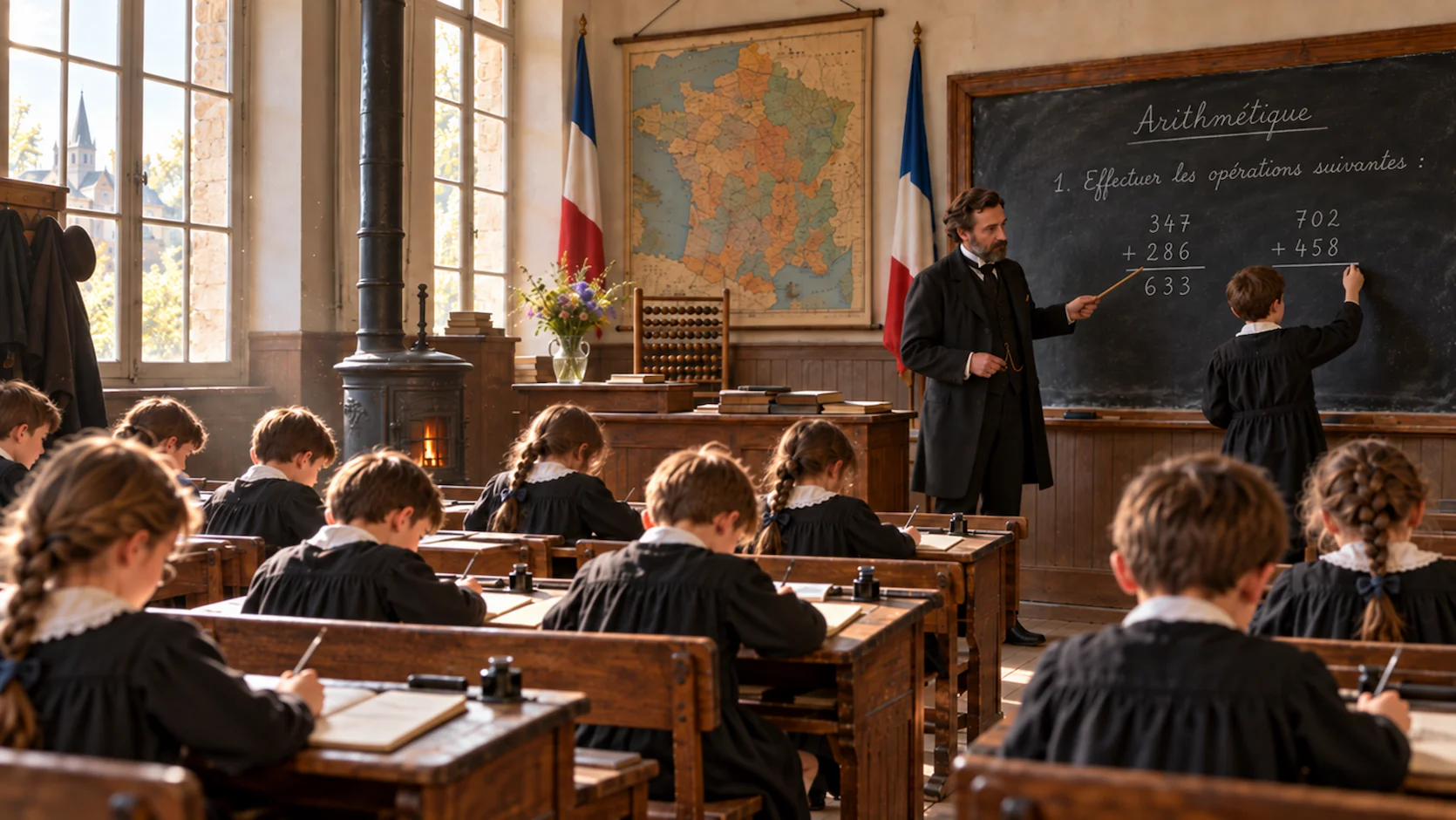 Salle de classe de l'ecole primaire republicaine vers 1885 avec eleves en tabliers noirs et instituteur au tableau noir