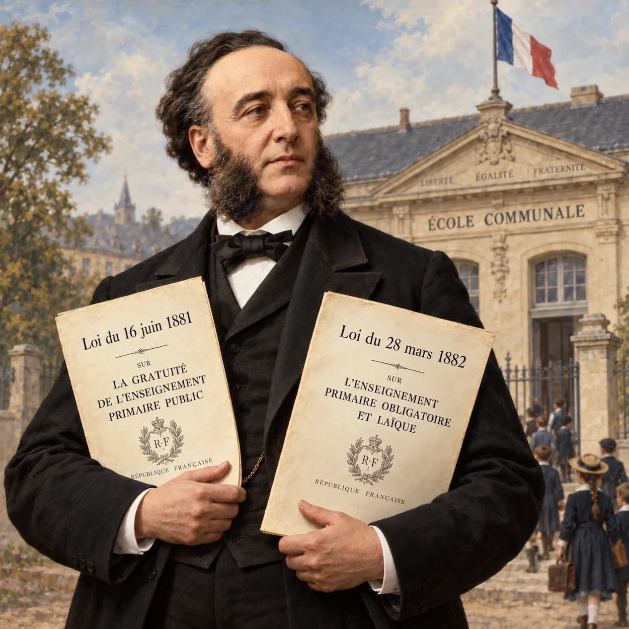 Portrait illustre de Jules Ferry en ministre tenant des documents officiels avec une ecole republicaine en arriere-plan