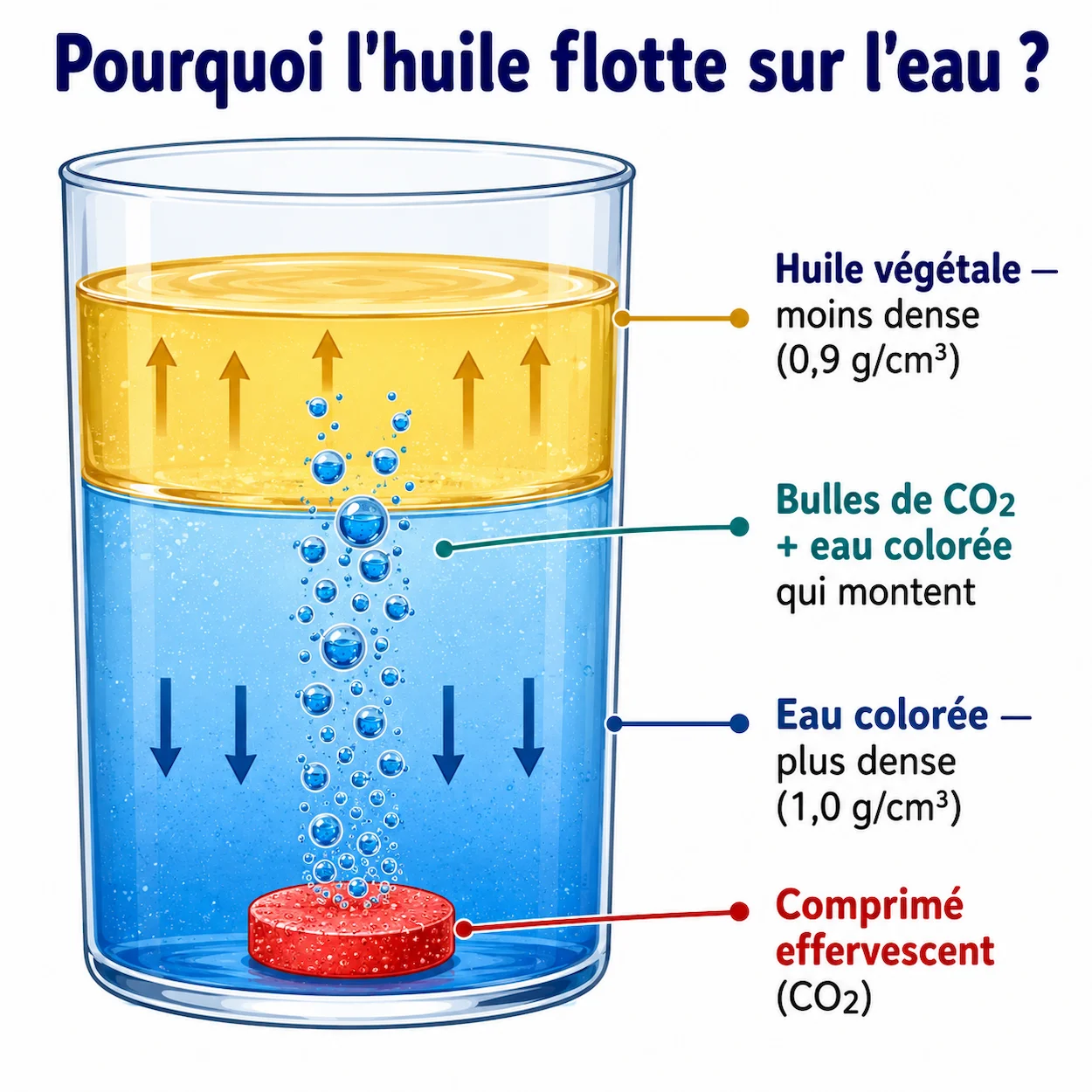 Infographie scientifique expliquant pourquoi l'huile flotte sur l'eau : densité et immiscibilité