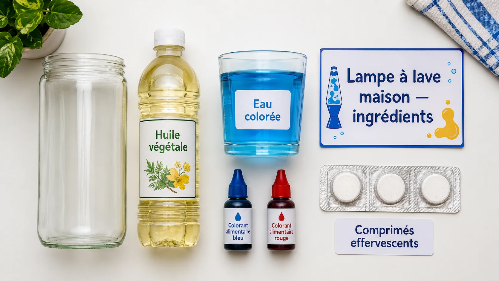 Matériel pour la lampe à lave maison : bocal en verre, huile végétale, eau colorée en bleu et comprimés effervescents