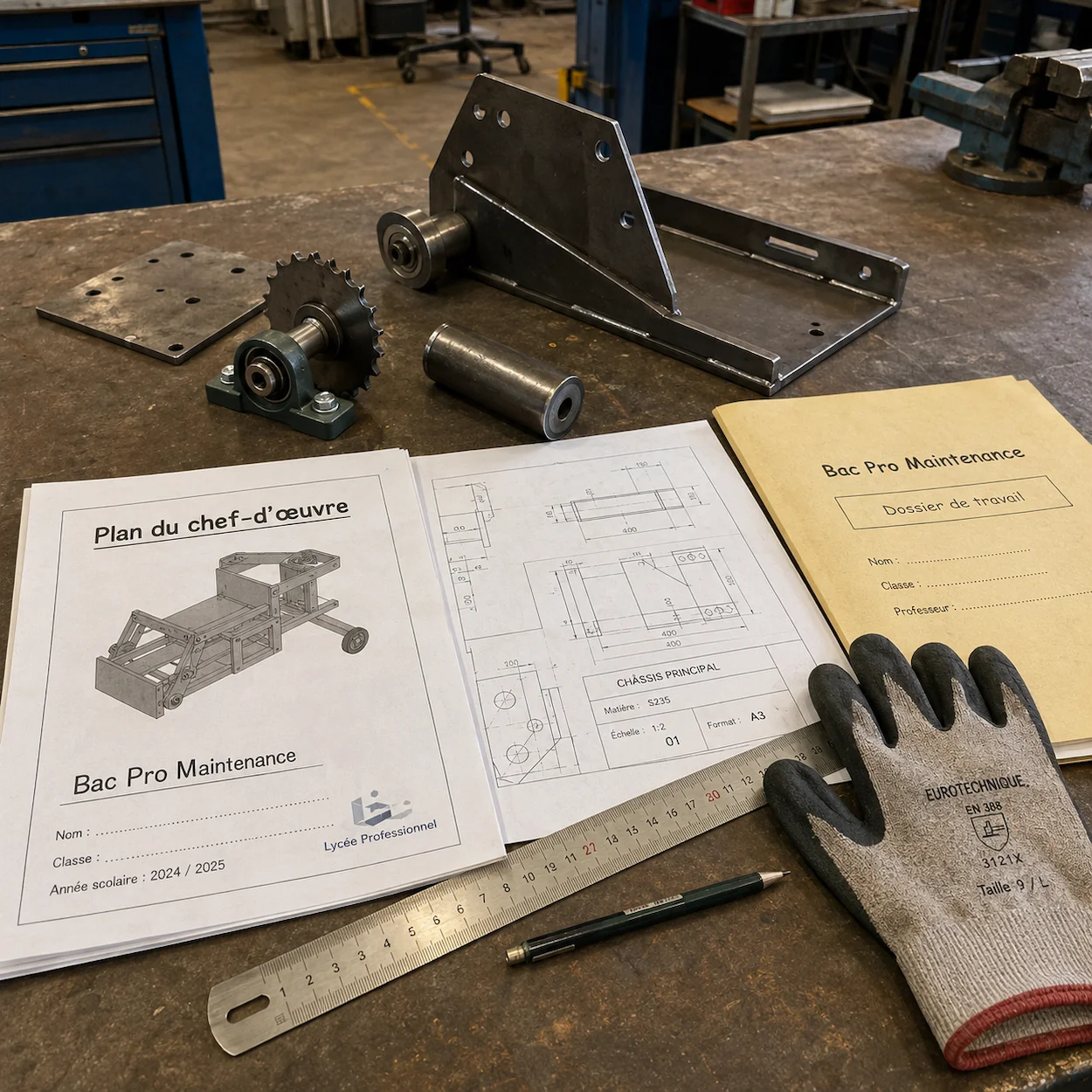 Table d'atelier avec outils, pièces métalliques et plans de chef-d'oeuvre en français annotés, gants de protection posés à côté, lycée professionnel