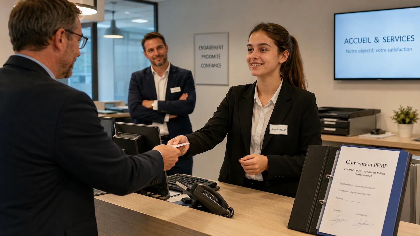 Lycéenne professionnelle de 17 ans en tenue professionnelle accueillant un client lors de son stage PFMP en entreprise, convention de stage visible sur bureau
