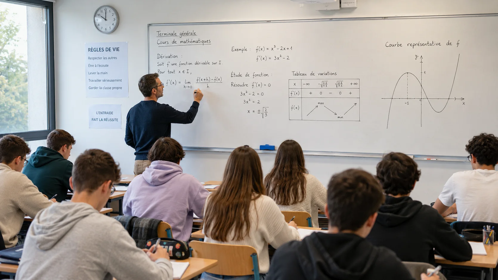 Professeur de mathématiques écrivant des formules au tableau blanc devant des lycéens de Terminale attentifs