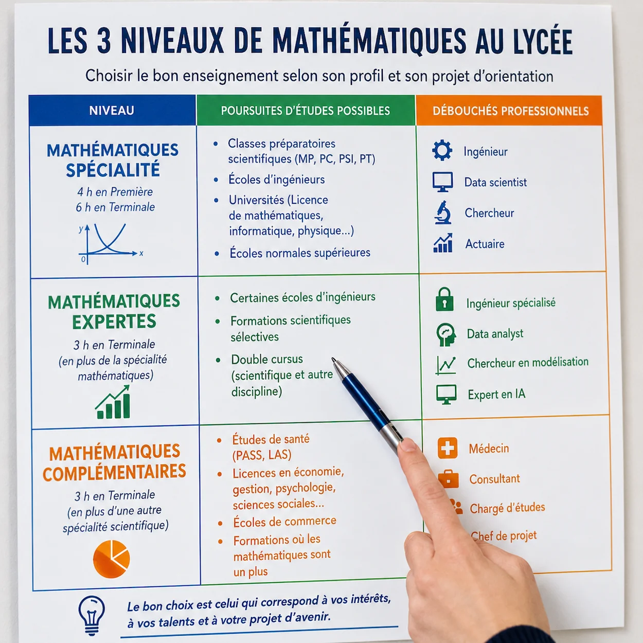 Lycéen consultant un tableau comparatif des débouchés selon le niveau de mathématiques choisi au bac