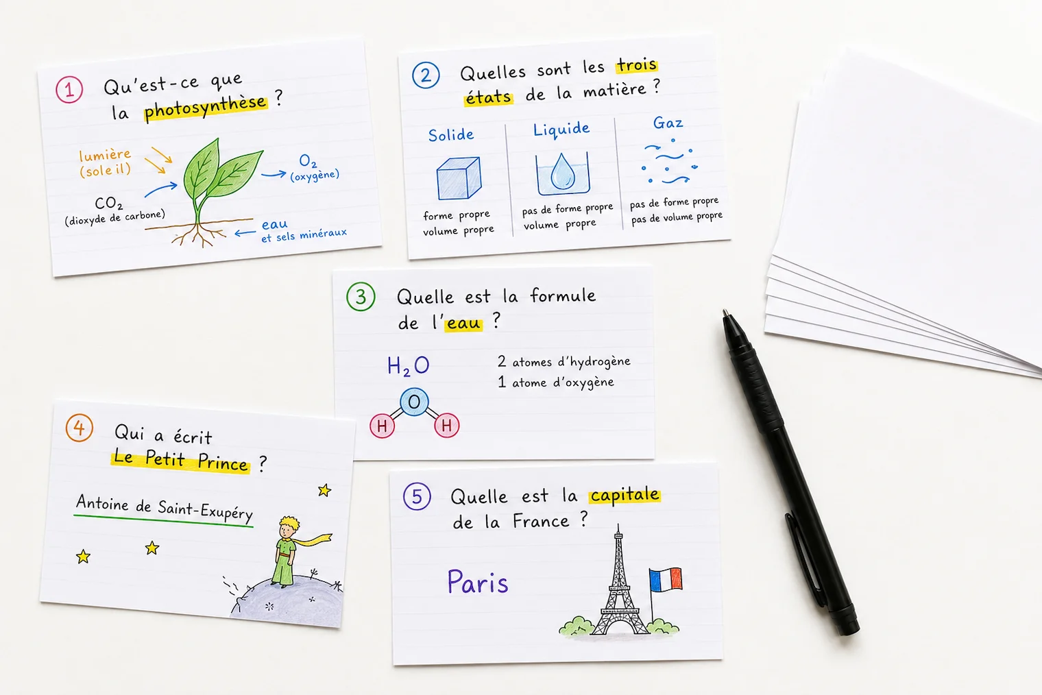 Gros plan sur un jeu de flashcards de révision faites à la main en français avec questions, schémas colorés et mots-clés surlignés en jaune sur bureau blanc