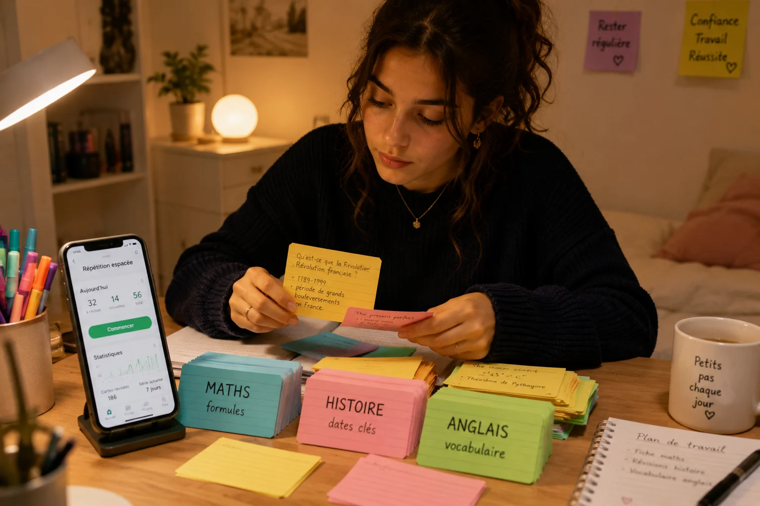 Un élève français organise des flashcards colorées par matière sur un bureau en bois, avec une application de révision espacée ouverte sur son téléphone