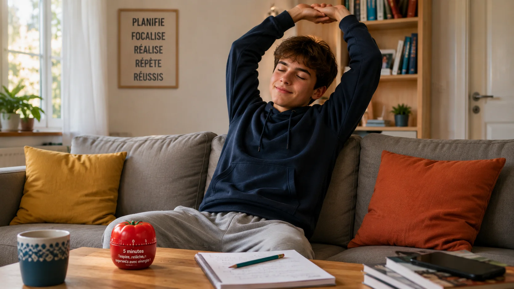 Un lycéen français s'étire confortablement pendant sa pause de 5 minutes entre deux sessions Pomodoro, un cahier et un minuteur rouge visibles sur la table