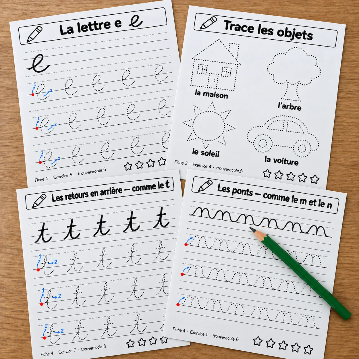Flat-lay de quatre fiches imprimées de graphisme maternelle sur un bureau avec un crayon vert