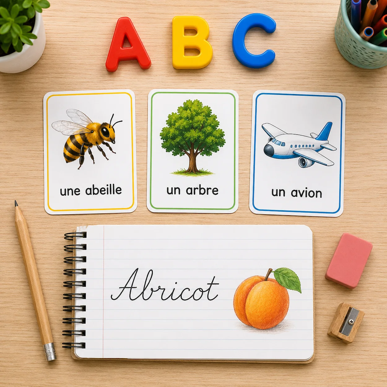 Flat-lay de lettres magnétiques colorées, flashcards illustrées de vocabulaire en A et cahier d'écriture cursive avec le mot Abricot, sur un bureau en bois clair