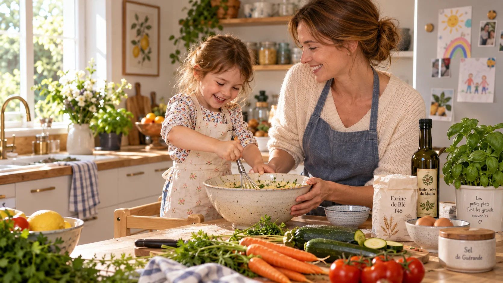 Parent cuisinant avec son enfant de 5 ans à la maison, enfant touchant et sentant un légume nouveau dans une atmosphère détendue et ludique