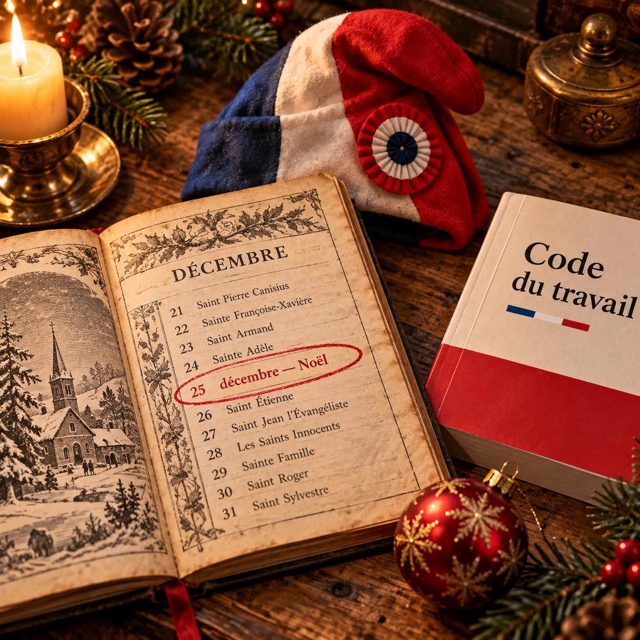 Flat-lay almanach décembre 25 cerclé rouge Code du travail boule Noël bonnet phrygien origine jour férié légal France