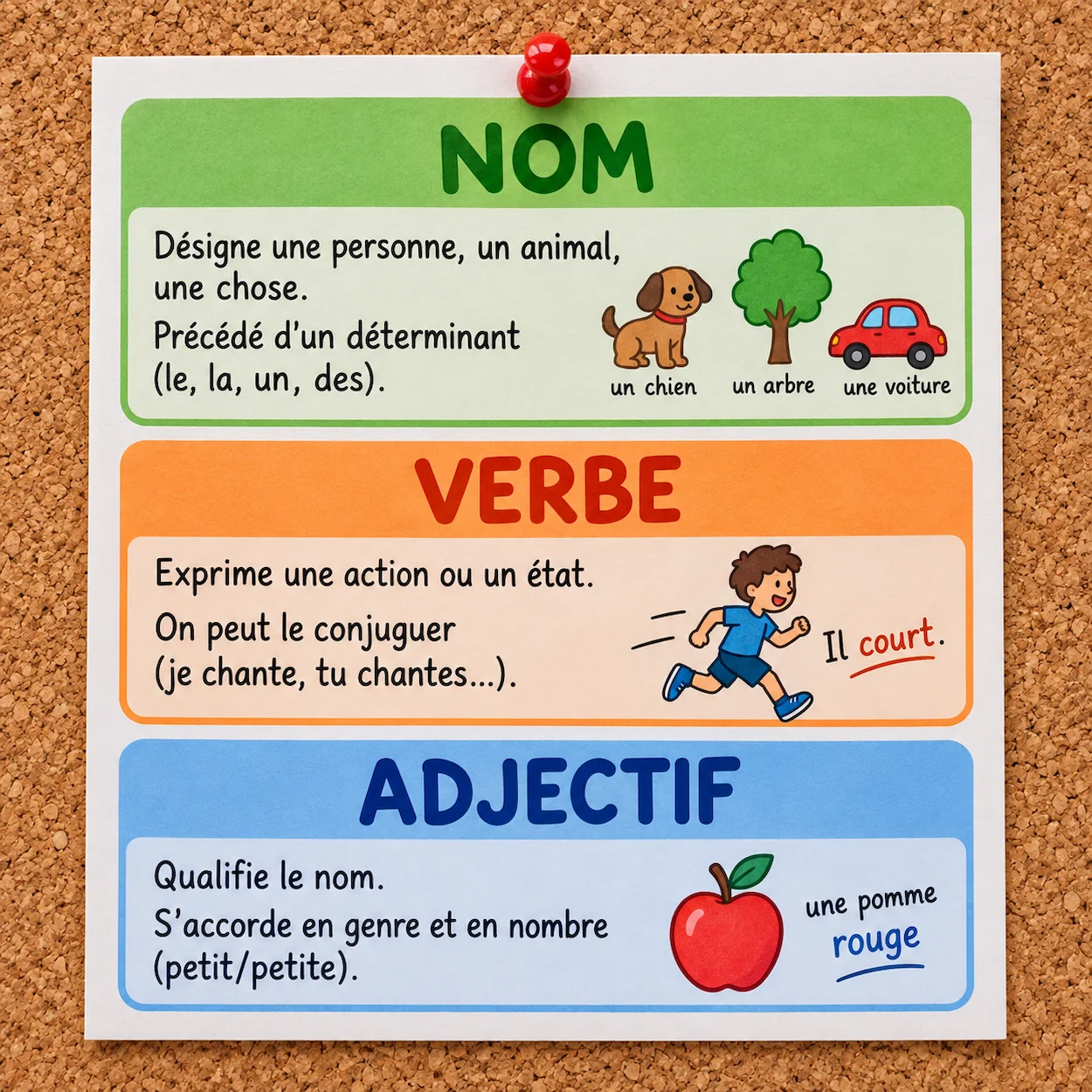 Fiche mémo grammaire primaire CE1 CE2 : trois sections colorées pour le nom (vert), le verbe (orange) et l'adjectif (bleu) avec définitions simples et exemples en français