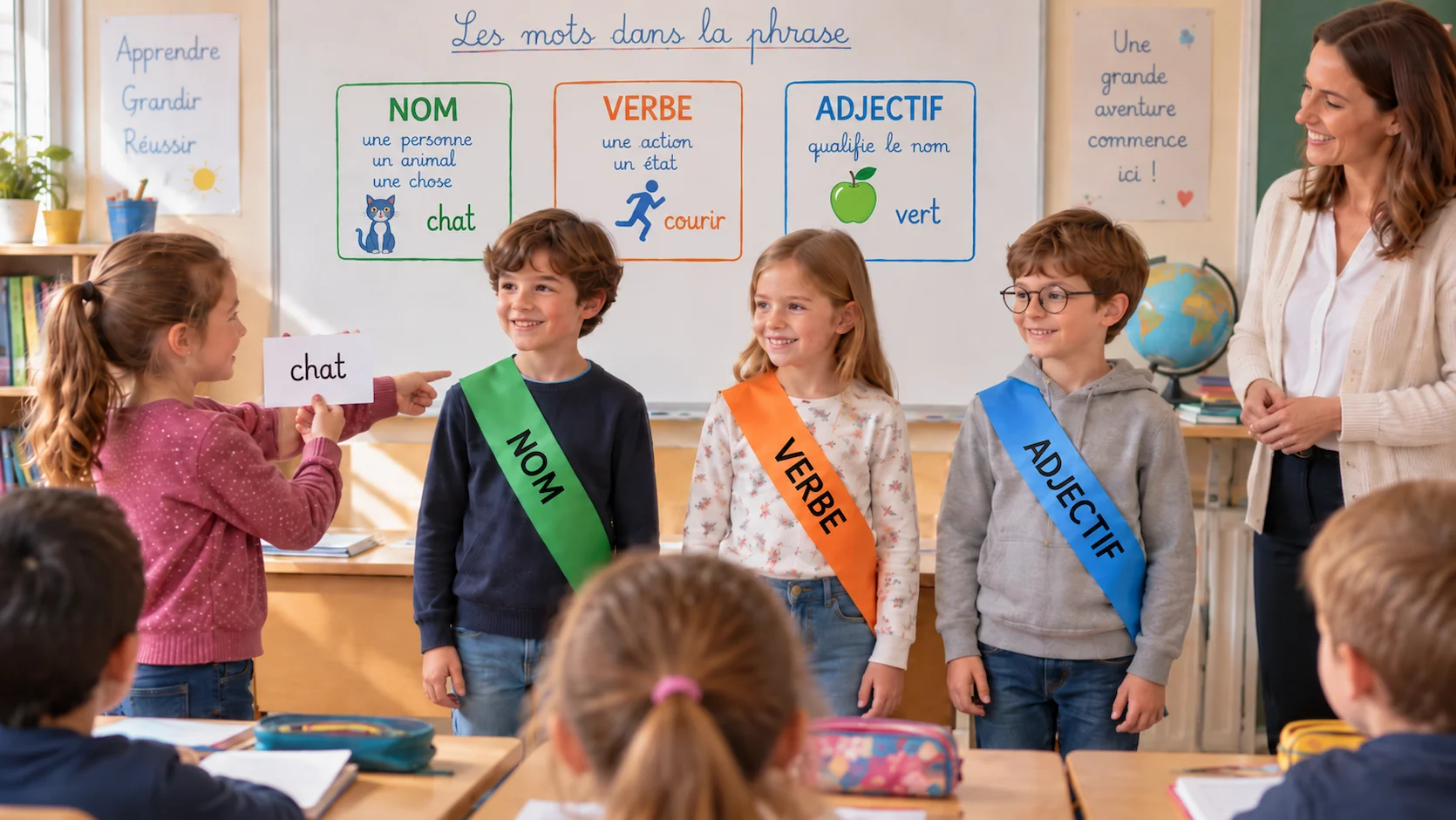 Jeu de rôle grammaire CE1 en classe : trois élèves portent des écharpes colorées NOM (vert), VERBE (orange), ADJECTIF (bleu), un quatrième élève tient une carte-mot et pointe le bon personnage