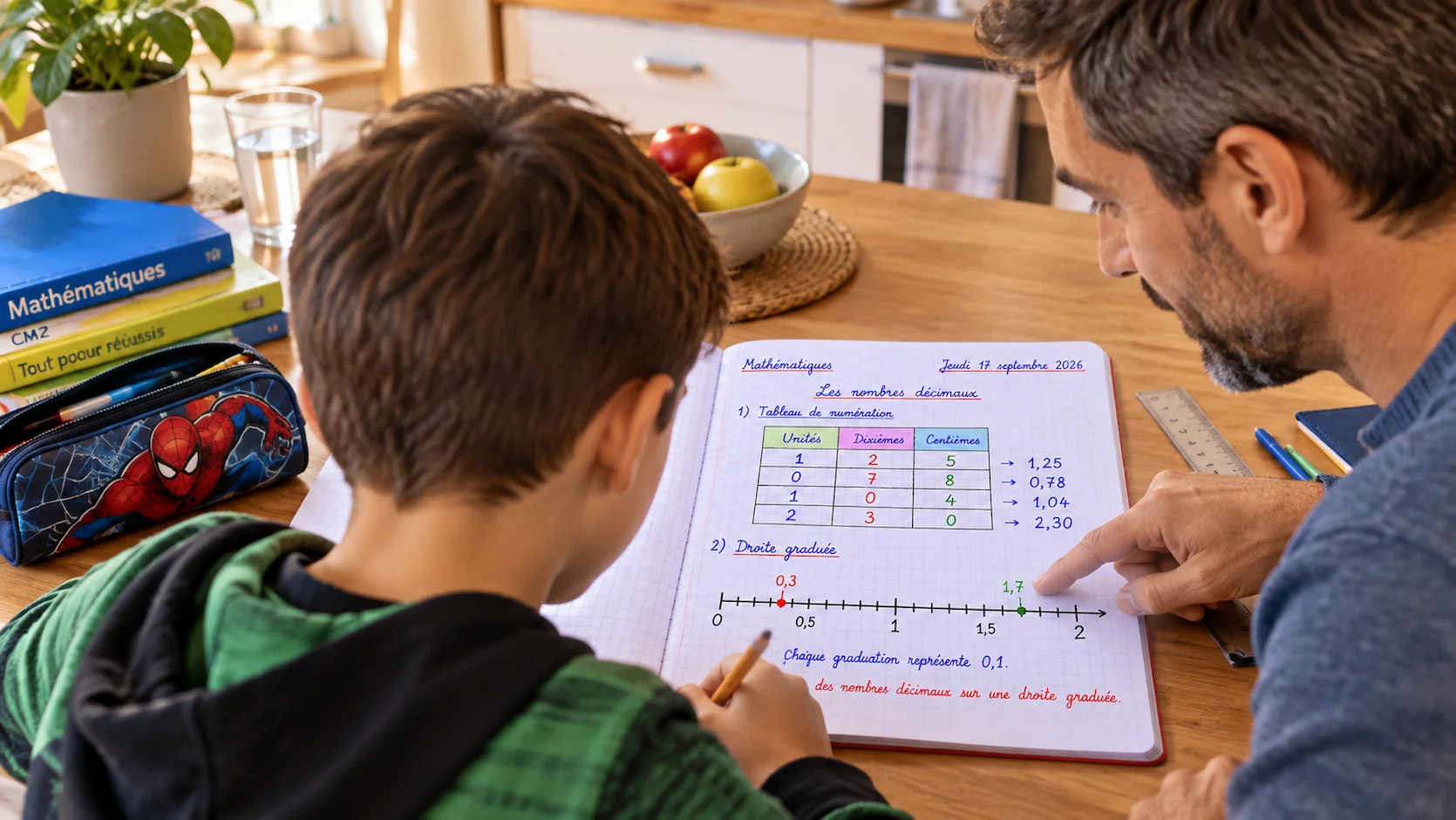 Père et fils de 10 ans travaillant sur une droite graduée dessinée sur papier quadrillé, placement du nombre décimal 1,7 avec un crayon