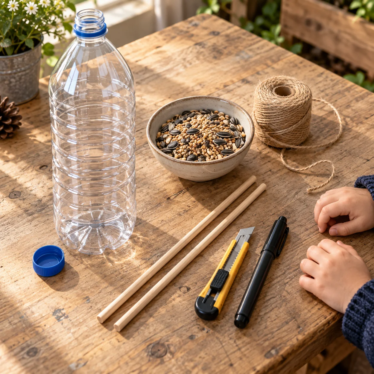 Étape 1 mangeoire : tous les matériaux rassemblés sur l établi — bouteille transparente, baguettes en bois, ficelle naturelle, graines et cutter