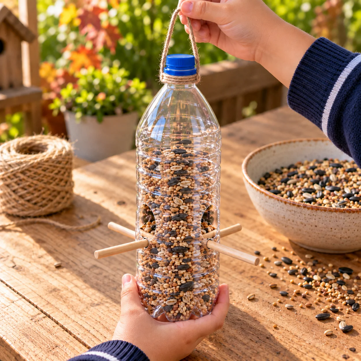 Étape 6 mangeoire terminée : bouteille remplie de graines avec perchoirs en bois et ficelle naturelle nouée autour du goulot, tenue par de petites mains fières