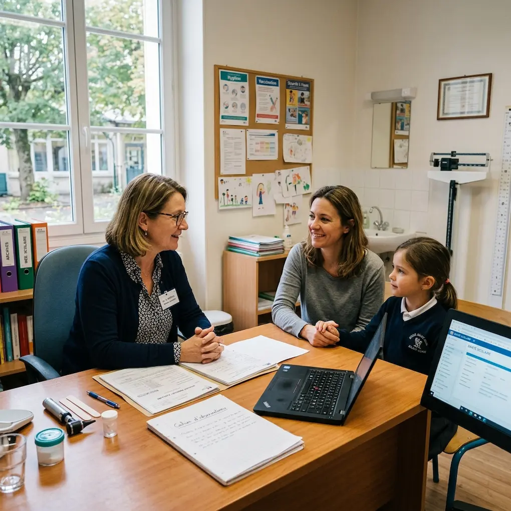 Médecin scolaire en consultation avec un parent et son enfant pour mettre en place un dispositif scolaire