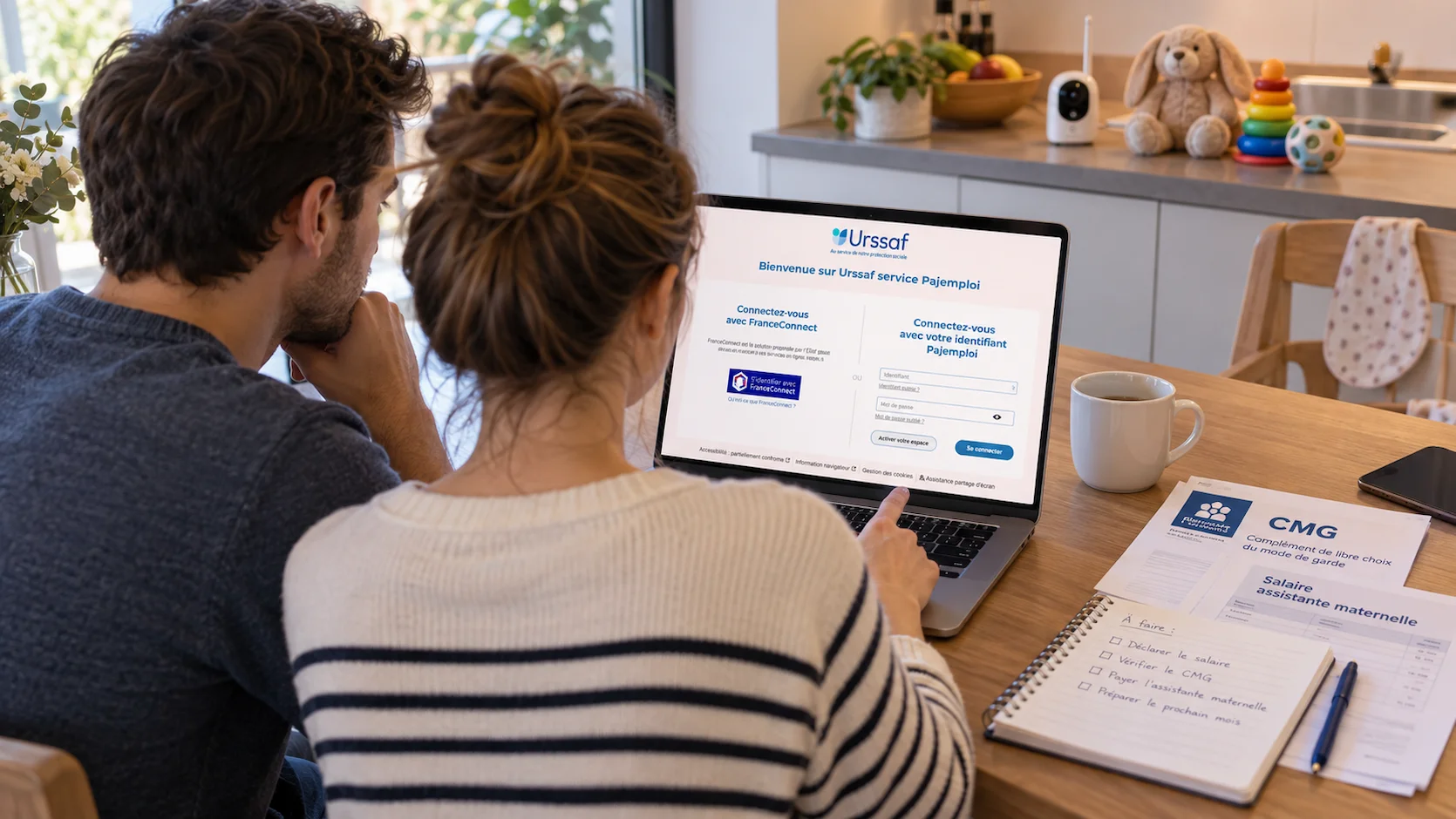 Jeune couple francais assis a la table de cuisine avec un ordinateur portable ouvert sur le site Pajemploi, consultant des documents CMG et fiche de salaire. Moniteur bebe et jouets visibles en arriere-plan. Eclairage chaud de cuisine.