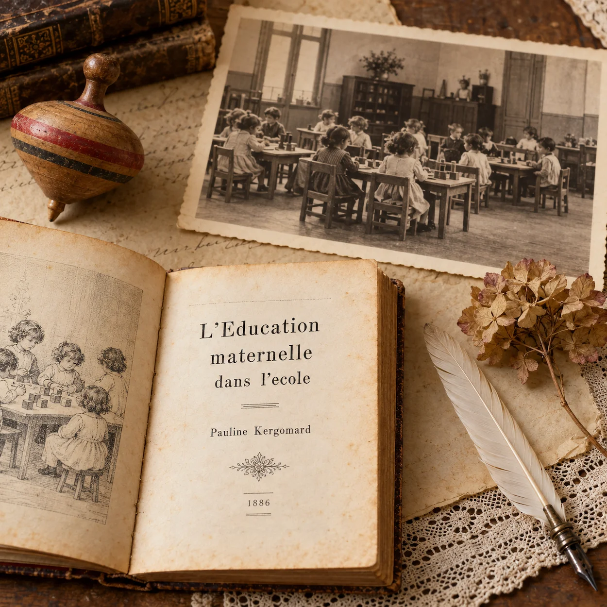 Flat-lay historique toupie en bois livre Education maternelle dans l ecole 1886 plume et fleur sechee