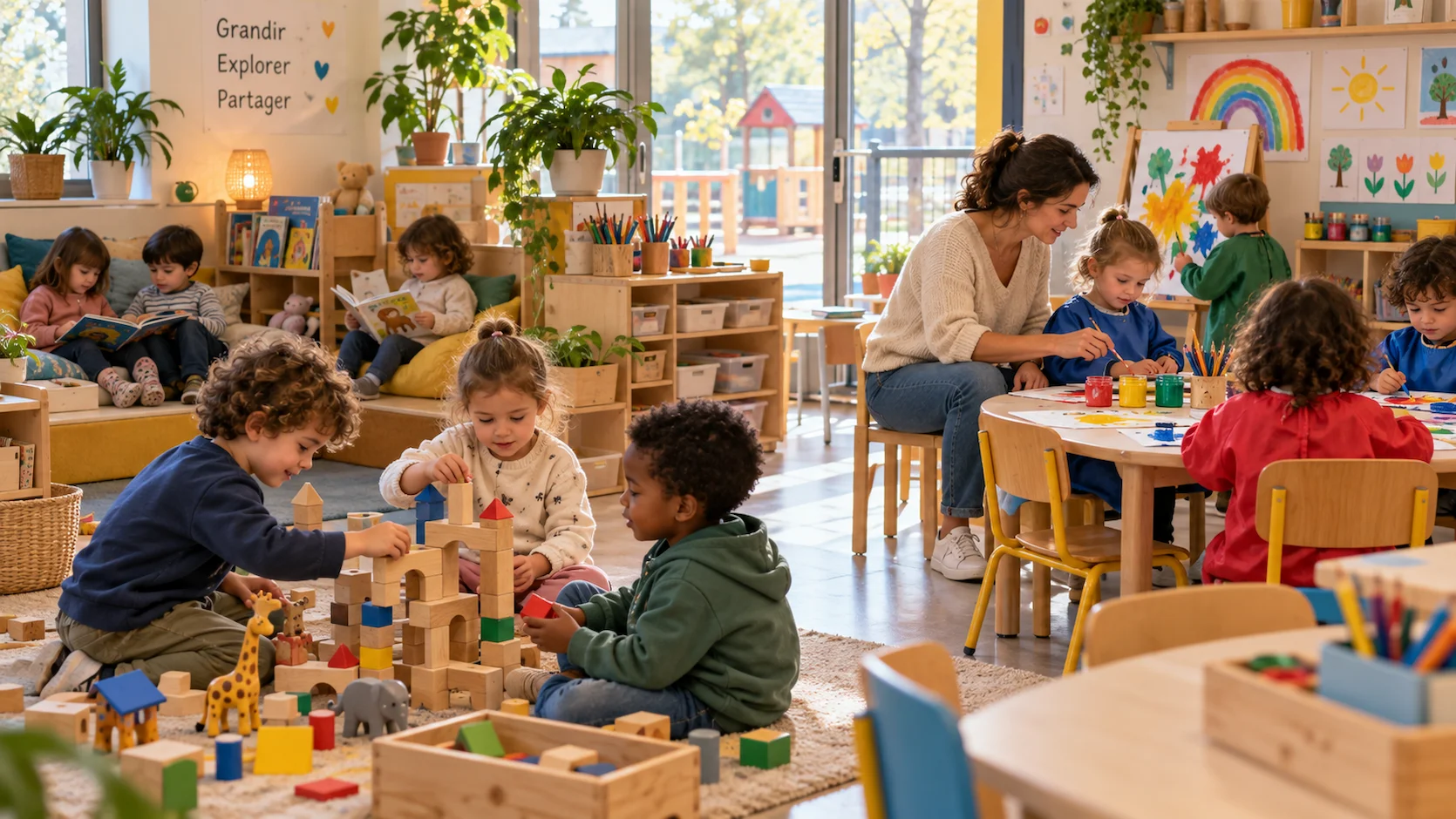 Classe de maternelle francaise moderne avec enfants qui jouent librement en ateliers et enseignante accroupie a leur hauteur