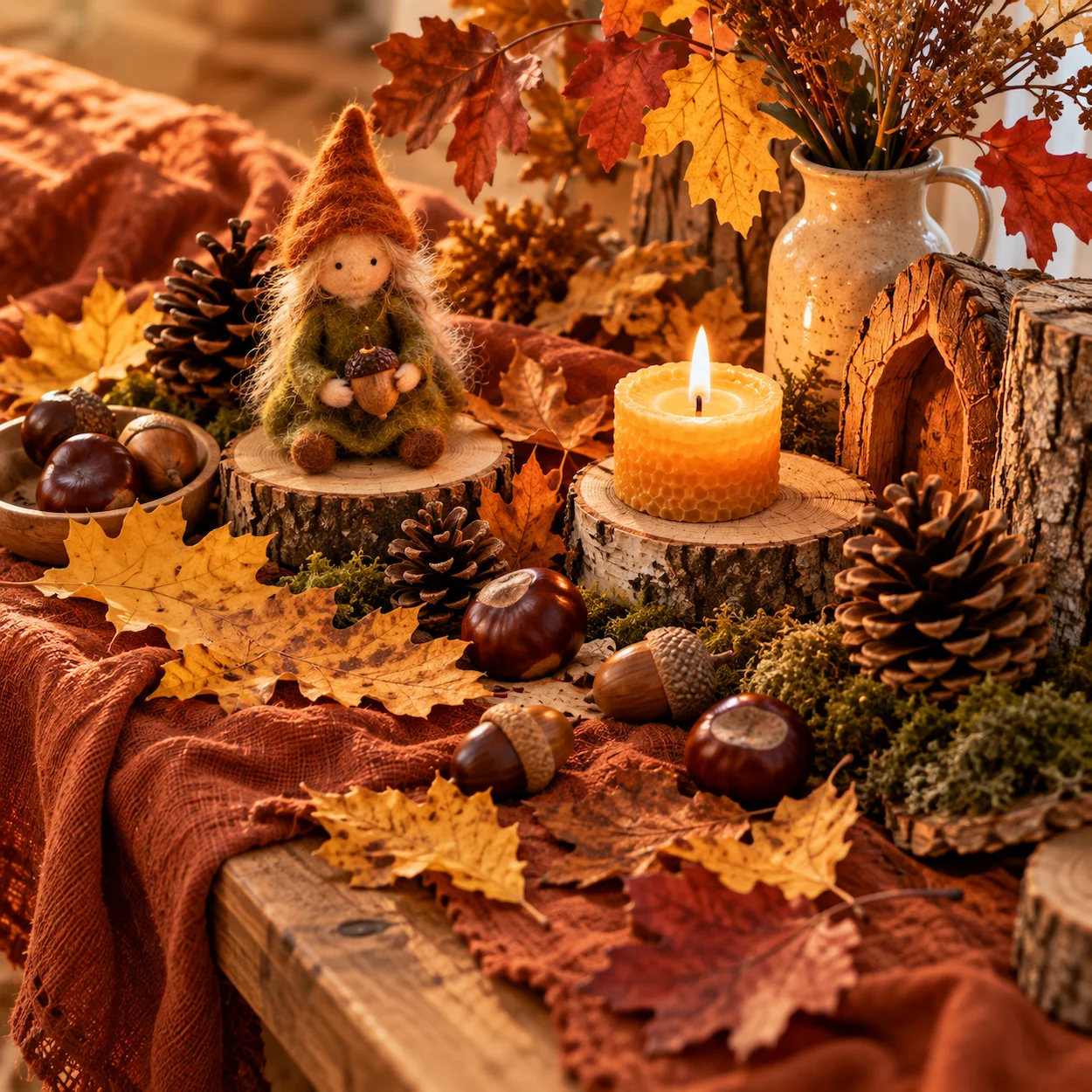 Gros plan d''une table des saisons Waldorf en automne avec des feuilles dorées et rouges, des glands, une châtaigne, un morceau de bois flotté, un foulard orange en soie, une figurine en laine feutrée et une bougie en cire d''abeille — sans personnages