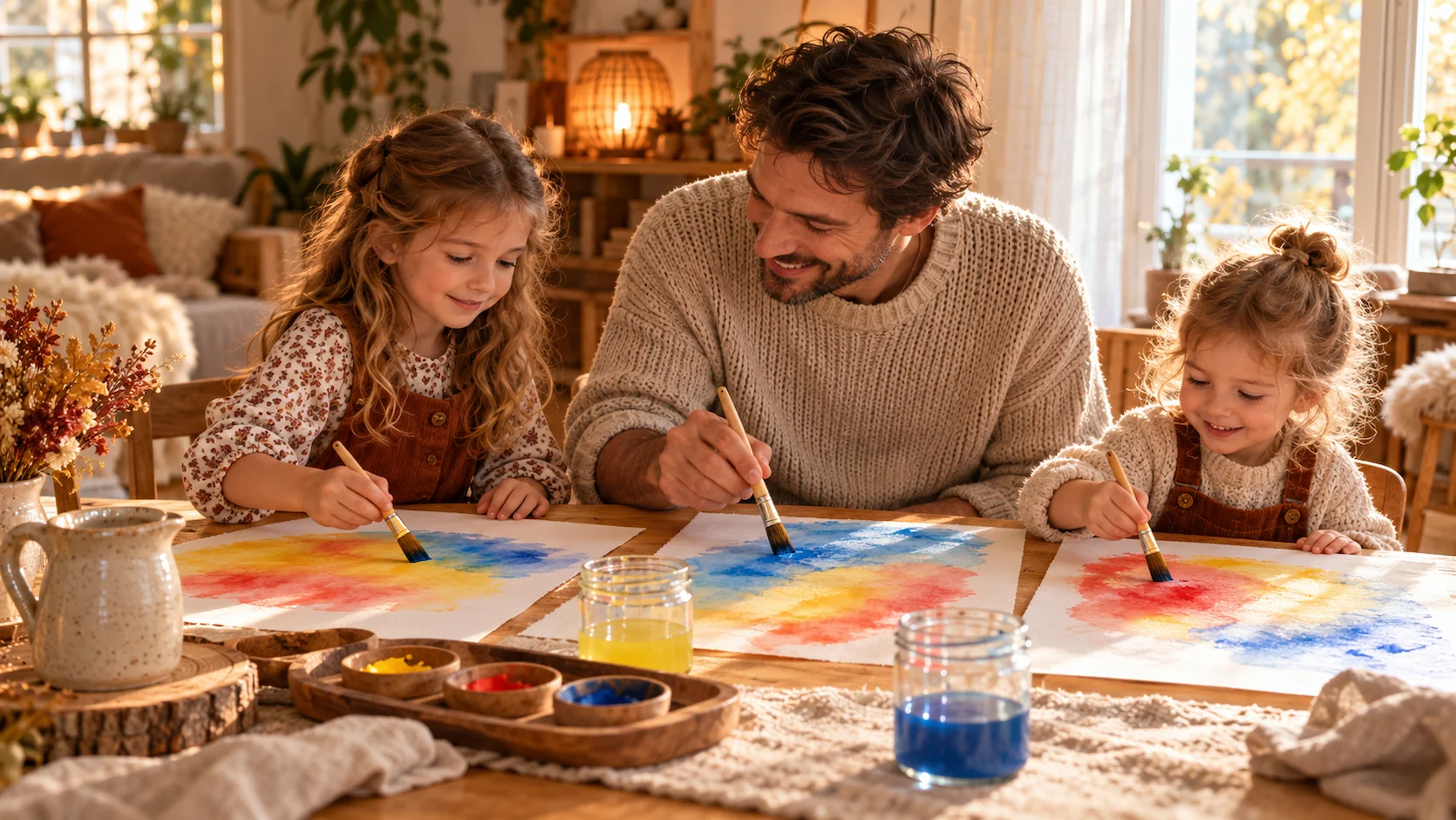 Père français d''une trentaine d''années et ses deux enfants de 4 et 7 ans qui font de l''aquarelle ensemble sur une table de cuisine en utilisant la technique Waldorf humide sur humide avec de grandes feuilles de papier mouillé, des pinceaux larges et des couleurs primaires dans une atmosphère joyeuse