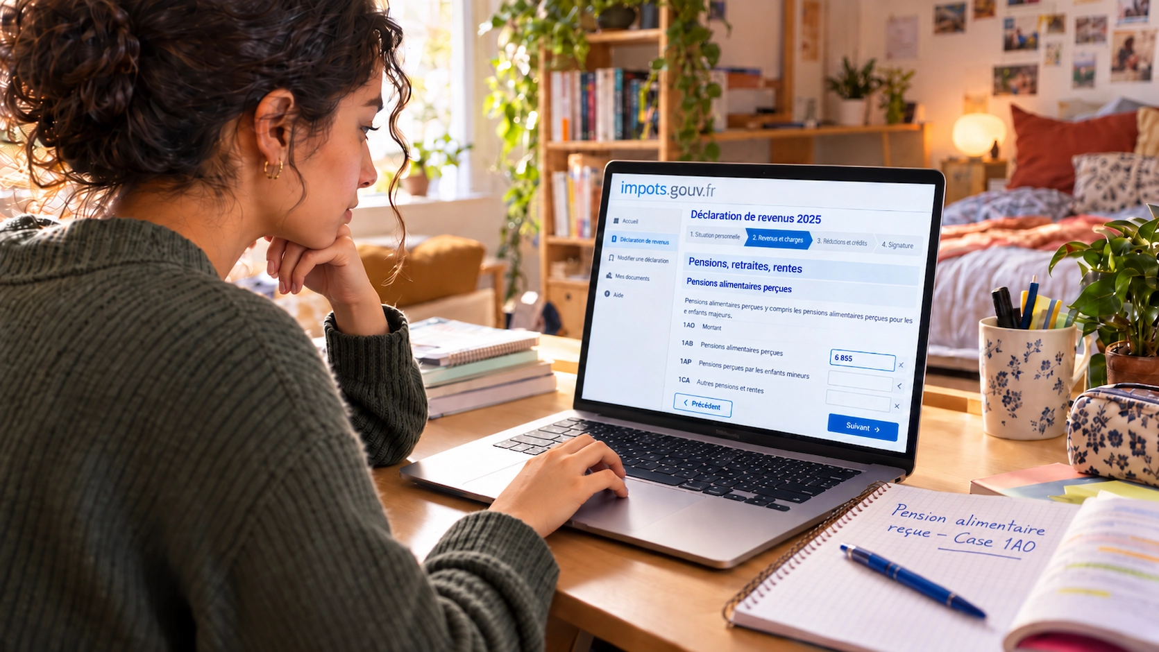 Étudiante majeure remplit sa propre déclaration d'impôts en ligne case 1AO pension alimentaire reçue de ses parents