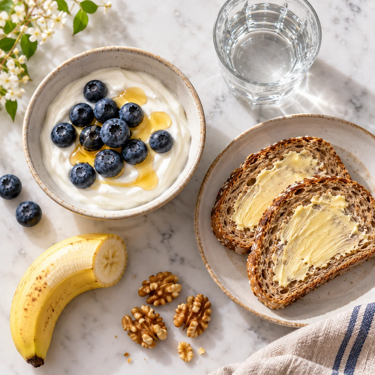 Petit-déjeuner équilibré pour enfant en flat-lay : bol de yaourt nature avec myrtilles, tartines de pain complet beurré, demi-banane, verre d'eau et noix — sur surface marbre claire