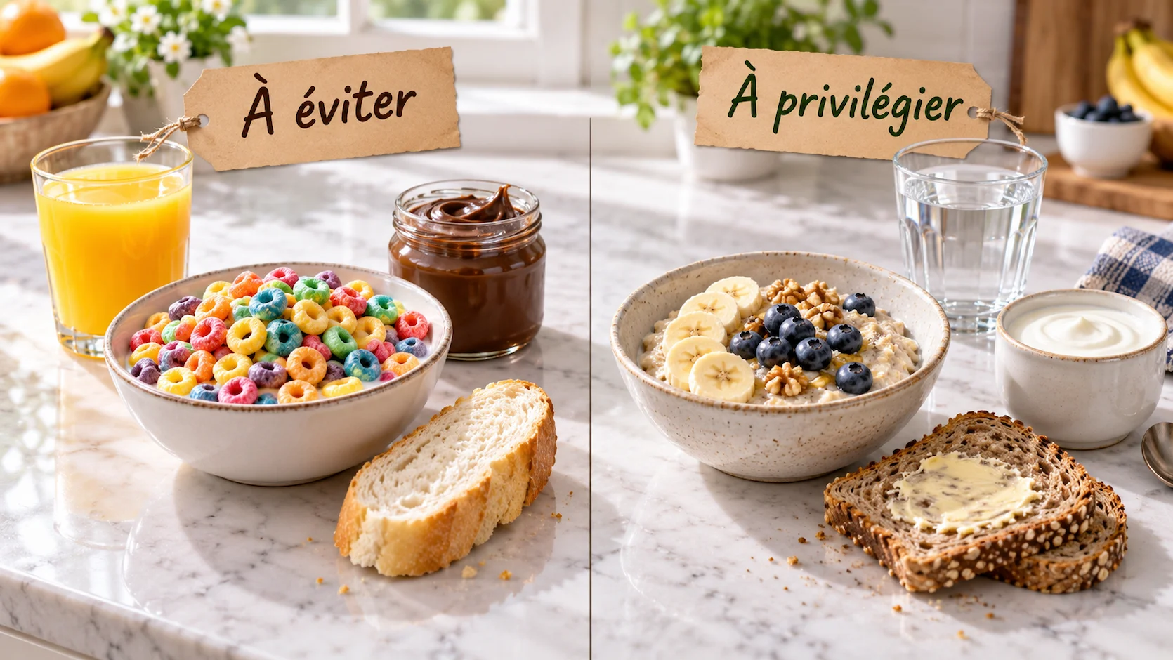 Comparaison de deux petits-déjeuners pour enfant : à gauche 'À éviter' — céréales colorées sucrées, jus d'orange, pain blanc avec pâte à tartiner ; à droite 'À privilégier' — flocons d'avoine, pain complet, yaourt nature, eau