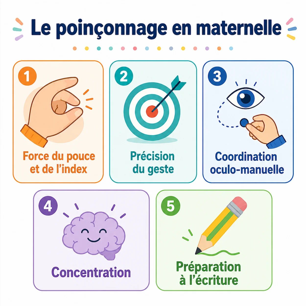 Infographie des 5 avantages pédagogiques du poinçonnage en maternelle pour la motricité fine