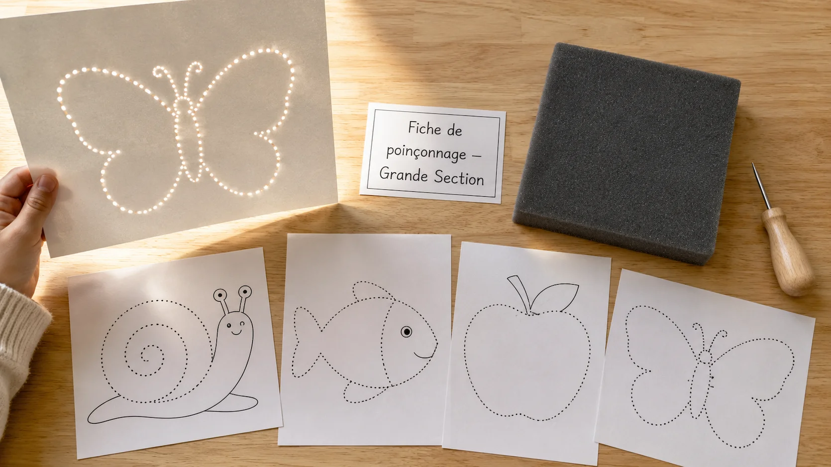 Matériel de poinçonnage maternelle : poinçon sécurisé, tapis en mousse et fiches modèles papillon et étoile