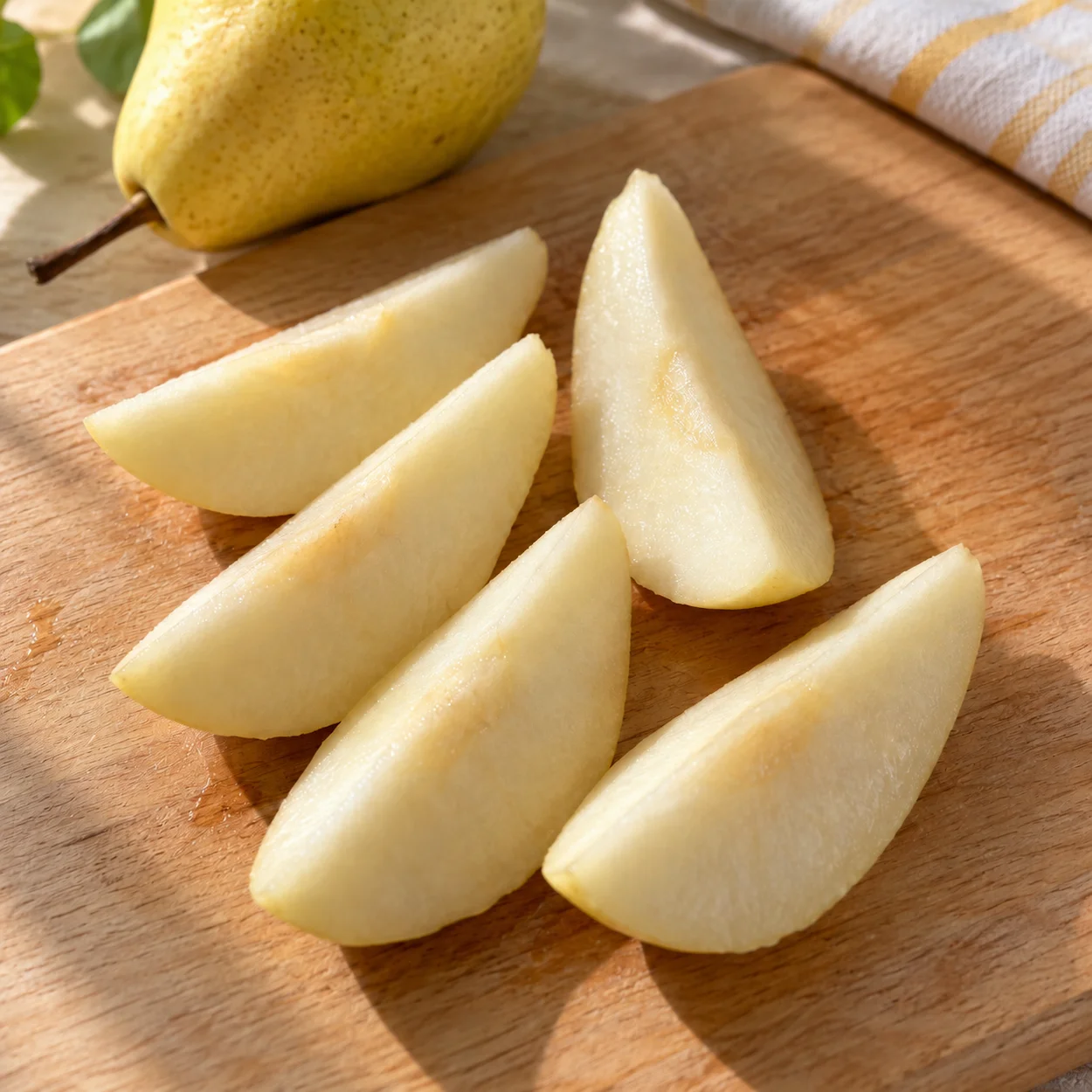 Quartiers fins de poire Williams mûre épluchée et citronnée pour le goûter de maternelle
