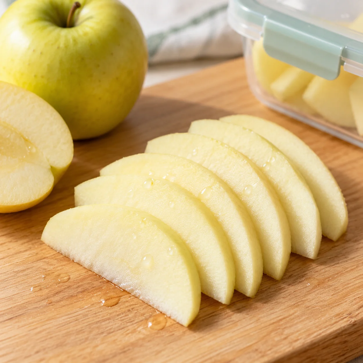 Lamelles fines de pomme épluchée présentées en éventail et citronnées pour la boîte à goûter de maternelle
