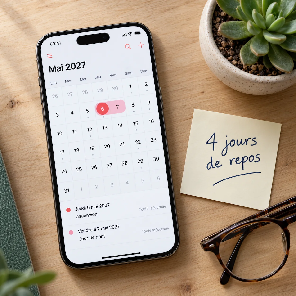 Smartphone affichant le calendrier de mai 2027 avec l'Ascension le 6 mai et le vendredi 7 mai indiqué comme jour de pont, note 4 jours de repos