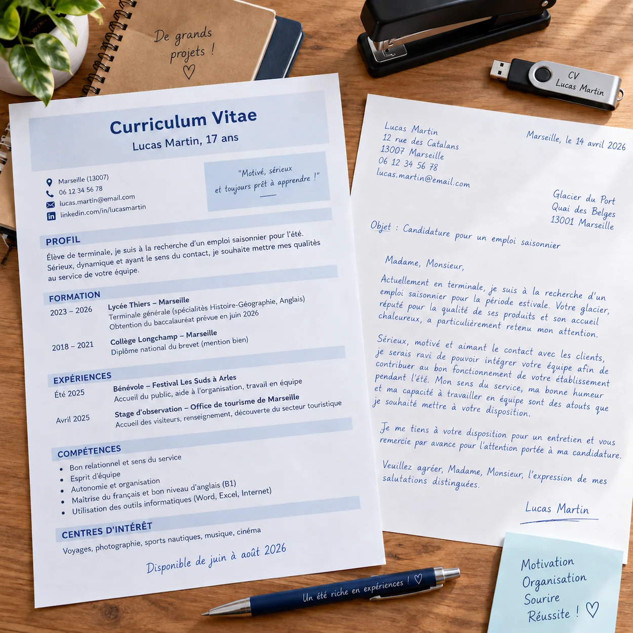 Flat-lay d'un CV lycéen imprimé Lucas Martin 17 ans, lettre de motivation manuscrite en français, stylo et agrafeuse sur bureau en bois