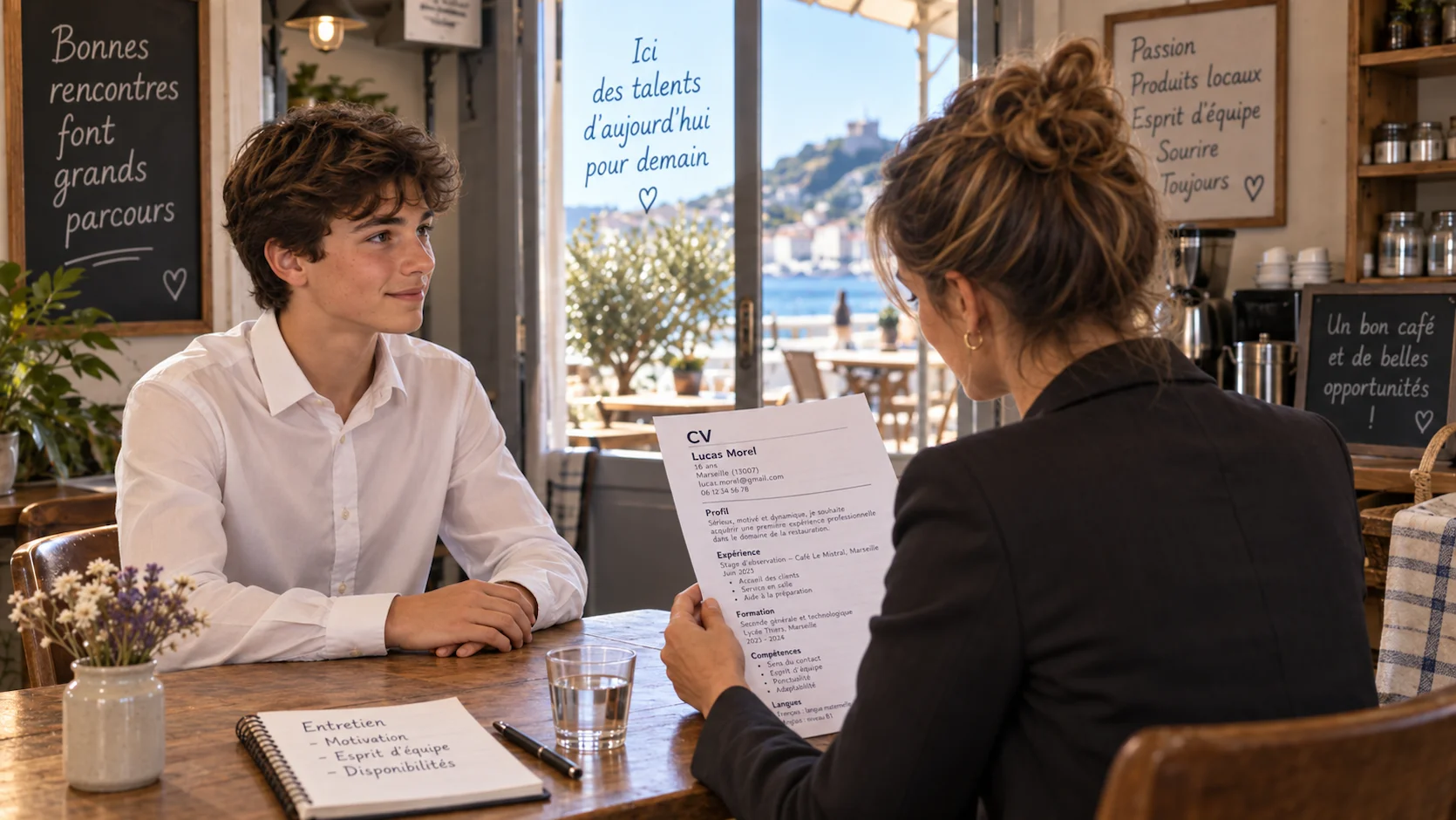 Lycéen de 16 ans bien habillé face à une recruteuse de 35 ans dans un café ou arrière-boutique français, elle tient un CV, ambiance professionnelle détendue