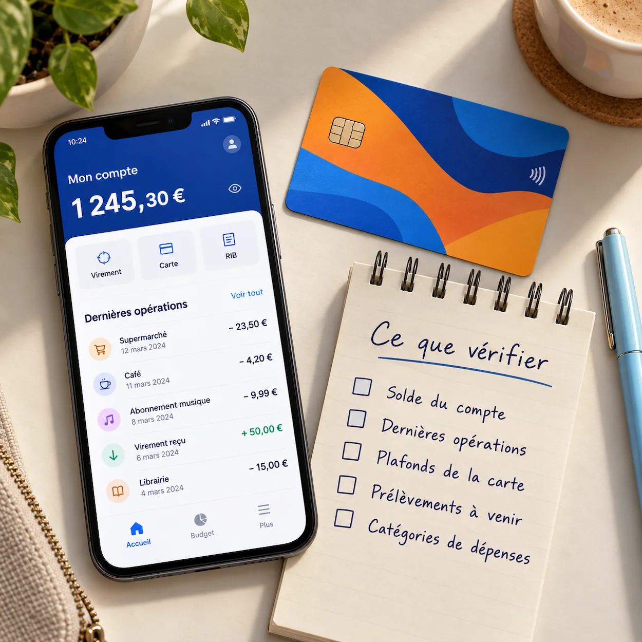 Flat-lay carte bancaire ado smartphone application bancaire parentale et checklist verification