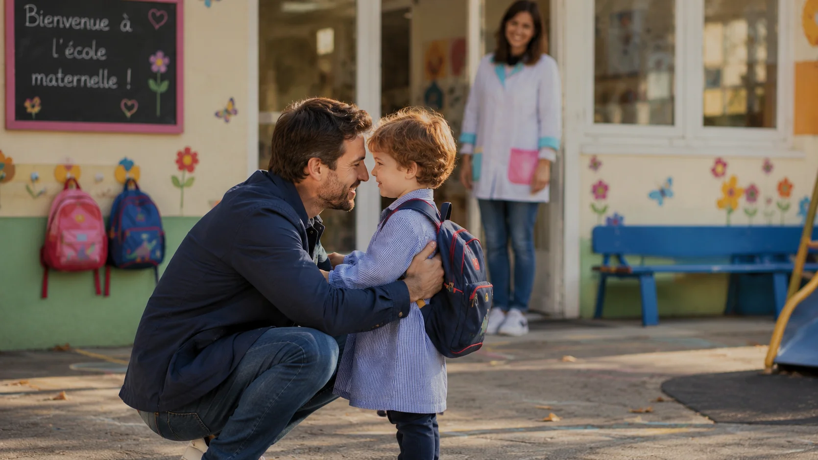 Parent accroupi devant son enfant de 3 ans dans la cour d'une école maternelle française, lui faisant un câlin rassurant avant de le confier à l'enseignante qui sourit en arrière-plan