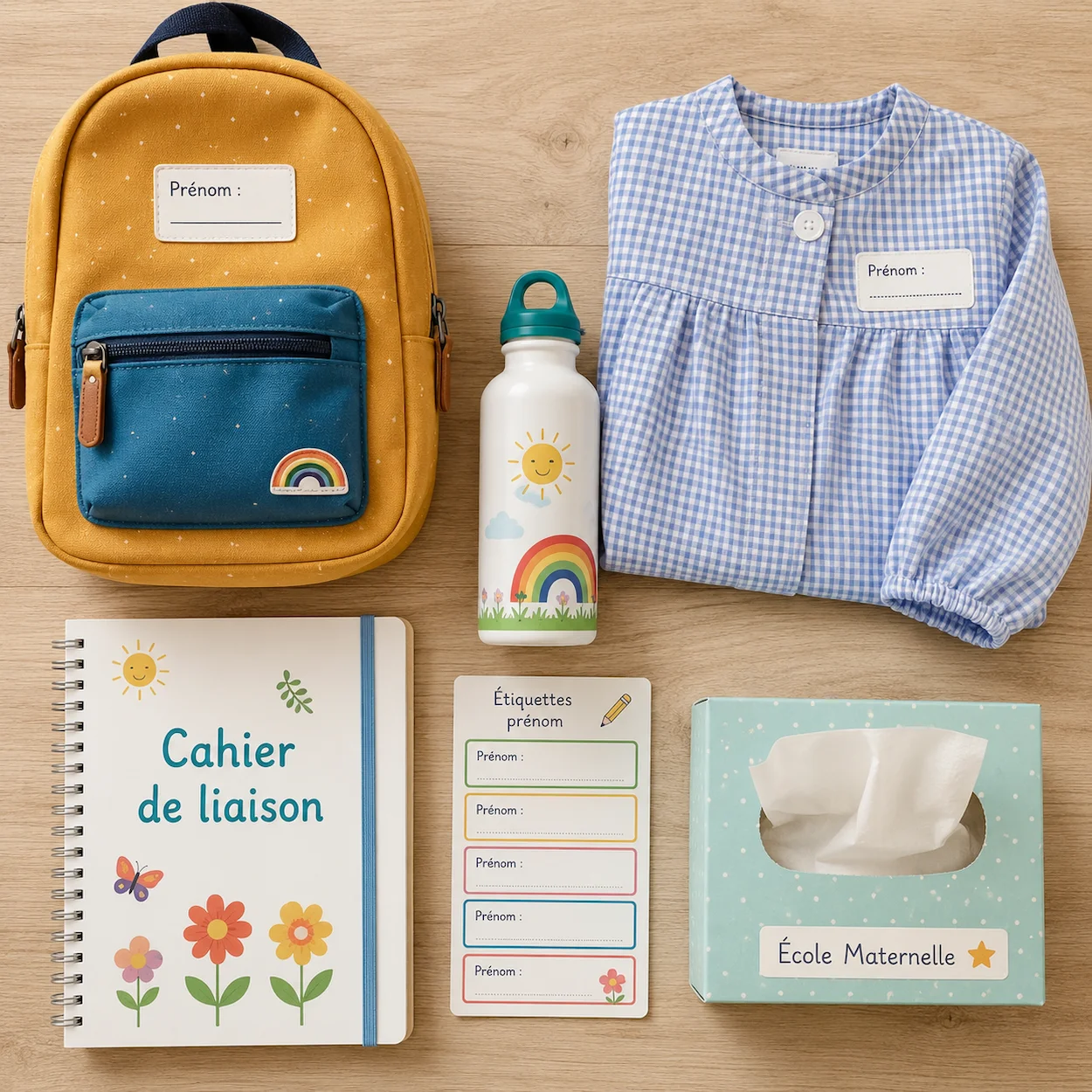 Petit sac à dos coloré posé sur un banc, entouré des fournitures typiques de maternelle : blouse, étiquettes prénom, gourde et cahier de liaison, tous étiquetés en français