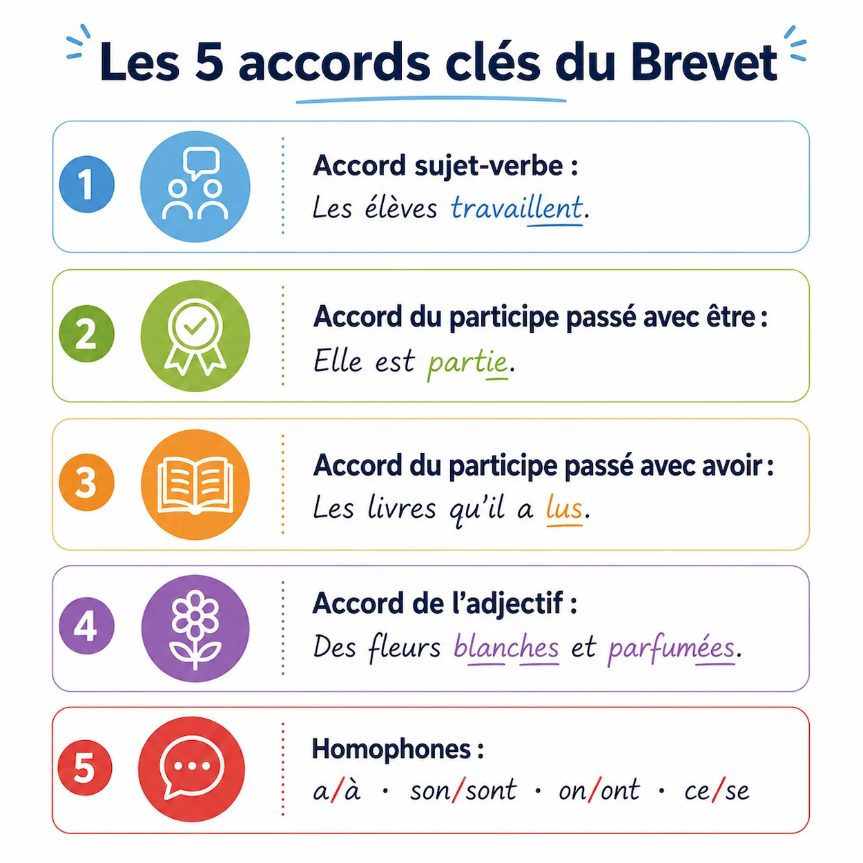 Infographie des 5 accords clés à maîtriser pour la dictée du Brevet des collèges : sujet-verbe, participe passé avec être, participe passé avec avoir, accord adjectif, homophones