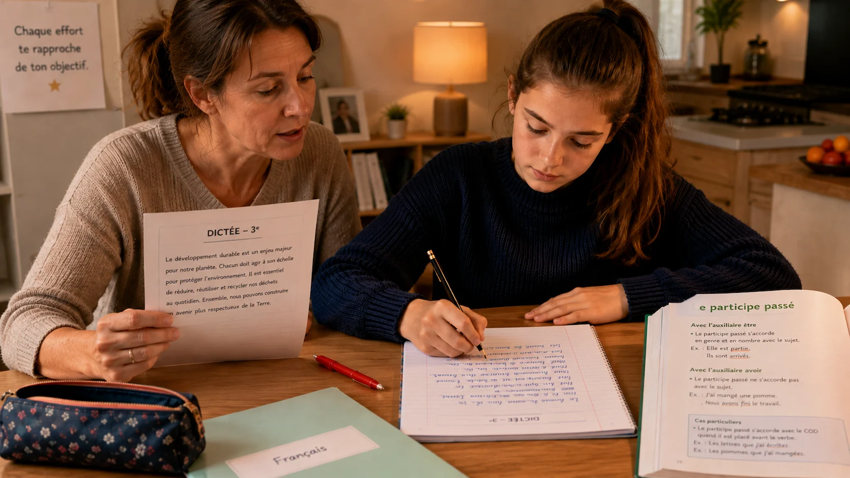 Mère lisant une dictée à voix haute à sa fille de 3ème assise à la table de cuisine, livre de grammaire ouvert au participe passé