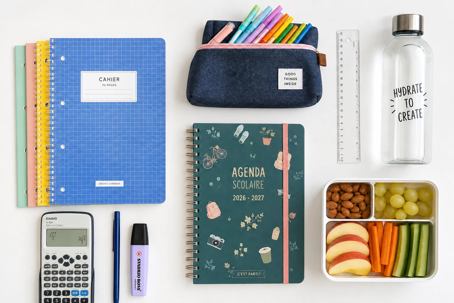 Fournitures scolaires organisées : cahiers, agenda, trousse, calculatrice et goûter sain
