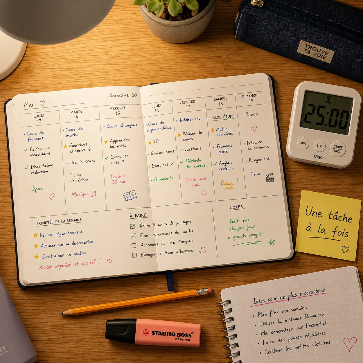 Bureau d'ado avec outils anti-procrastination : agenda hebdomadaire prioritisé, minuteur réglé sur 25 minutes (méthode Pomodoro), note autocollante 'Une tâche à la fois'
